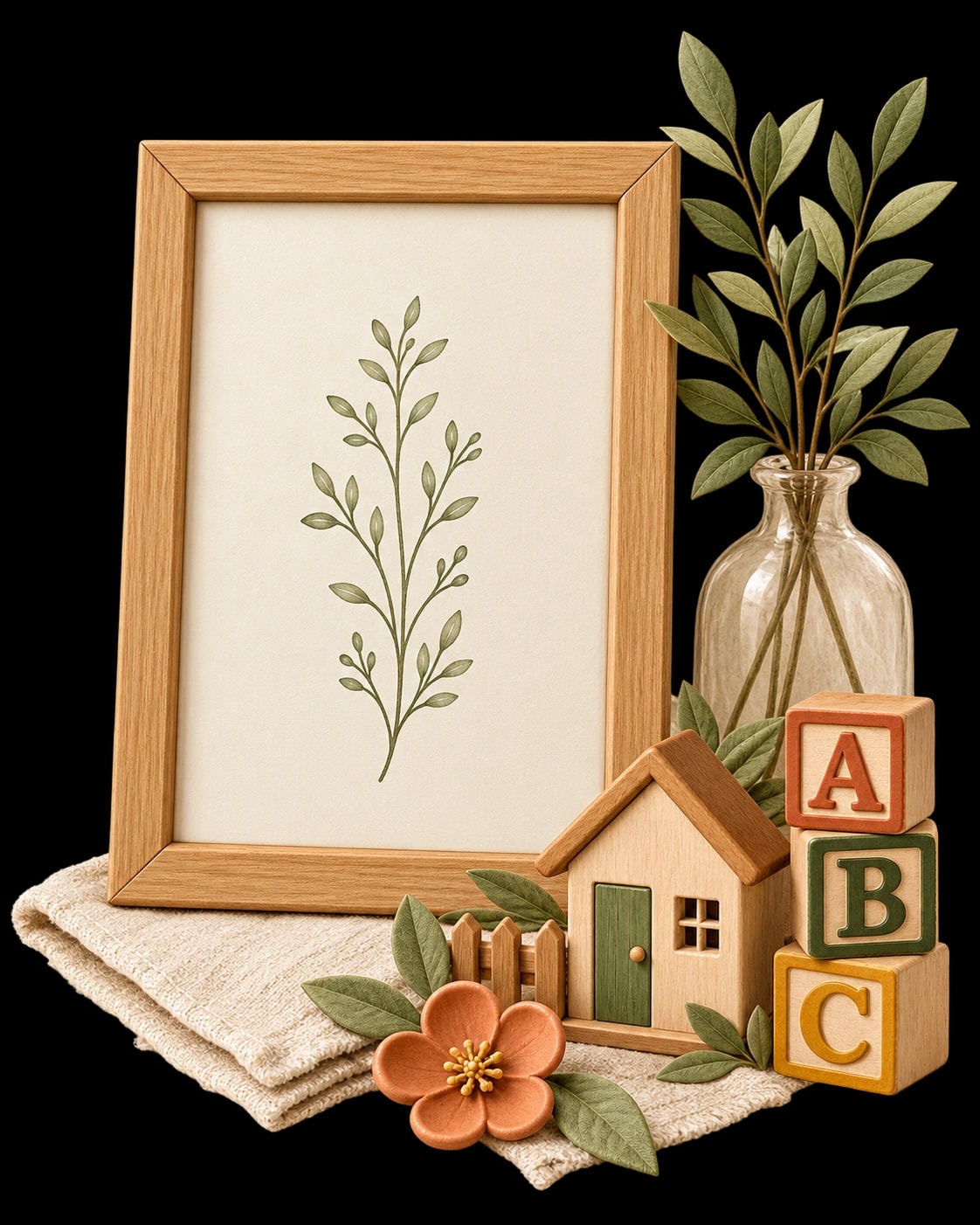 Storybook illustration of an empty wooden picture frame beside a leafy vase, learning blocks, and a small house